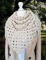 PIĘKNA WEŁNIANA MIĘKKA CIEPŁA CHAŁWIOWA CHUSTA NA SZYDEŁKU, RĘKODZIEŁO