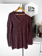 Bordowy męski sweter zimowy V-neck XS wełna moher pullover vintage