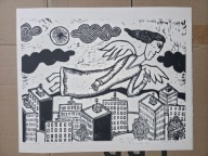 Anioł nad miastem. 40,4 x 30 cm. 2023 r. (linoryt)