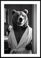 A2 CZARNO-BIAŁY PLAKAT DO ŁAZIENKI TOALETY ZABAWNY NIEDŹWIEDŹ W SZLAFROKU