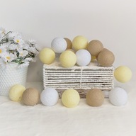 Cotton Balls Beżowe - Waniliowe Girlanda Lampki Kule 20 LED Na Baterie