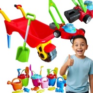 DUŻY ZESTAW DLA DIECKA DO PIASKOWNICY TACZKA + KOSIARKA + GRABIE + ŁOPATA