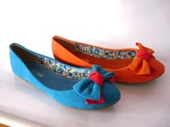 Balerinki Pomarańczowe , niebieskie z Kokardą skórzana wkładka 36