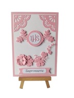 ZAPROSZENIA KOMUNIA DZIEWCZYNKA HOSTIA W LIŚCIACH C6 RÓŻ - BIEL