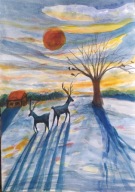 Akwarela A4, ilustracja jelenie pejzaz bajkowy