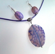 Agat pajęczy, fioletowy zestaw, wisiorek, kolczyki w srebrze