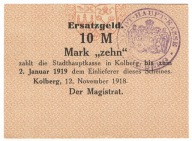 Banknot zastepczy miasta KOLBERG - KOLOBRZEG - 10 Mark - 1918