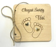 KARTKA PAMIĄTKA CHRZTU ŚWIĘTEGO DREWNIANA GRAWEROWANA ZŁOTE SERDUSZKA