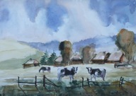 Akwarela Sabina Salamon 25x35 Krowy w bieszczadach