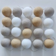 Cotton Balls Beżowy Szary Biały Girlanda Lampki Kule 20 LED Na Baterie
