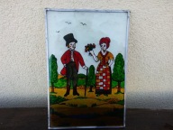 STARY WITRAŻ OBRAZ NA SZKLE 'BABCIA i DZIADEK' - sygnatura