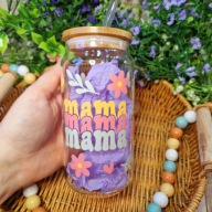 Kubek Mama 500ml szklany ze słomką i pokrywką prezent Dzień Matki handmade
