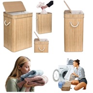 KOSZ BAMBUSA NA PRANIE BIELIZNĘ ZABAWKI POJEMNIK KUFER Z POKRYWĄ 80L Biały