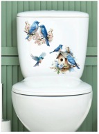 NAKLEJKI NA DESKĘ SEDESOWĄ TOALETĘ SPŁUCZKĘ WC - PTAKI NIEBIESKIE KWIATY