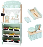 DUŻY DREWNIANY STRAGAN 2W1 SKLEP I TEATR TERMINAL WAGA WARZYWA I OWOCE HIT