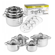 ZESTAW GARNKÓW STAL NIERDZEWNA 8 EL INDUKCJA GAZ SZKLANE POKRYWKI KOMPLET