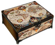 SZKATUŁKA drewniana ANTYCZNA MAPA okucia 22x16