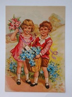 Dziewczynka i chłopiec z koszem kwiatów - reprint z początku XX w