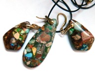 Brązowo-zielony jaspis z pirytem w złocie, zestaw biżuterii