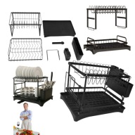 SUSZARKA NA NACZYNIA STOJĄCA DWUPOZIOMOWA METALOWA CZARNA OCIEKACZ 45X30 CM