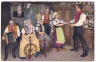Dolnośląska chata wnętrze kołowrotki akordeon tańce piec 1924r. G689