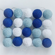Cotton Balls Niebieskie Białe Girlanda Lampki Kule 20 LED Na Baterie Boho