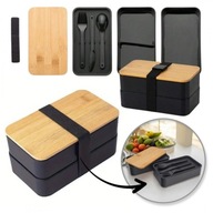 PODWÓJNY LUNCH BOX ZE SZTUĆCAMI | 1,3 L | CZARNY | DO MIKROFALÓWKI