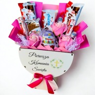 DREWNIANY KIELICH KOMUNIJNY ZE SŁODYCZAMI KINDER PREZENT NA KOMUNIĘ RÓŻOWY