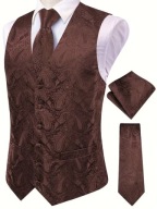 S M Kamizelka Krawat poszetka Elegancka Męska brązowa zestaw