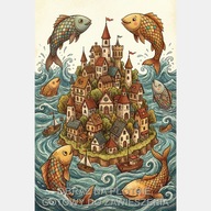 Domki na wyspie rybki ilustracja obraz na płótnie 55x80 statki ocean