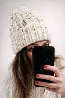 Ręcznie robiona, zimowa czapka z cekinami Beanie. Handmade, wywijana długa