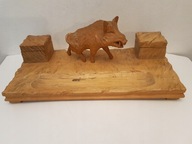 ANGIELSKI DREWNIANY PRZYBORNIK GARNITUR NA BIURKO MYŚLIWSKI RZEŻBA