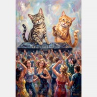 Kot didżej obraz na płótnie 55x80 dyskoteka ludzie muzyka zabawa techno pop