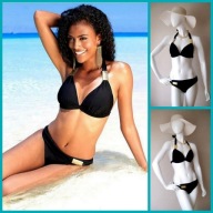 Bikini push up S 36B 75B złote blaszki strój kąpielowy kostium black czarny