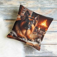 Pies Owczarek Niemiecki i książka poduszka ozdobna na jesień