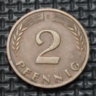 *NIEMCY [0206]*2 fenigi 1958 *D* Niemcy Zachodnie (RFN) Kłosy, Liście dębu