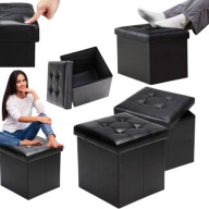 ZESTAW 2X PUFA CZARNA PIKOWANA SKÓRZANA SKŁADANA SIEDZISKO KUFER SCHOWEK