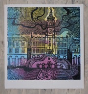 Na Rynku Wielkim. 30 × 30 cm. 2025 r. (linoryt kol.)