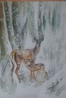 Akwarela Obraz Pejzaż Sarenki w zimowym lesie