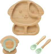 Talerz talerzyk Drewniany z przyssawką sztućcami dla dzieci