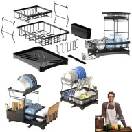 SUSZARKA DO NACZYŃ STOJĄCA OCIEKACZ METALOWA CZARNA DWUPOZIOMOWA 30X42X32CM