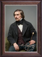 Obraz Mikołaj Gogol portret z podpisem w drewnianej ramie ze szkłem