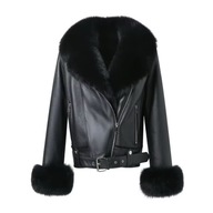 Kożuch naturalny z owcy kołnierz z lisa ramoneska skóra kurtka r. XL