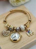 Modny Zegarek Damski Kurren Bransoletka Charms Pandorka Złota słonik serce