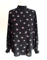 PAPAYA bluzka RETRO elegancka STÓJKA czarna kwiaty LEJĄCA M/L