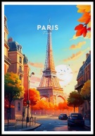 A2 KOLOROWY PLAKAT PARYŻ FRANCJA PARIS WIEŻA EIFFLA JESIEŃ WSCHÓD SŁOŃCA