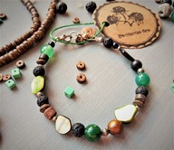 ETNO bransoletka zielone agaty, masa perłowa, czarna lawa, noc kairu