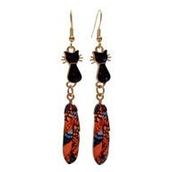 Kolczyki z kotem i piórem, czarny i pomarańczowy