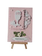 ZAPROSZENIA KOMUNIA DZIEWCZYNKA KIELICH W RAMCE – SERWETKA B6 RÓŻ - BIEL