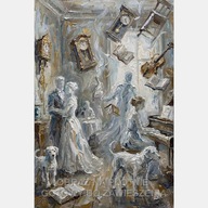 Abstrakcja duchy w domu obraz olejny na płótnie 58x85 biały